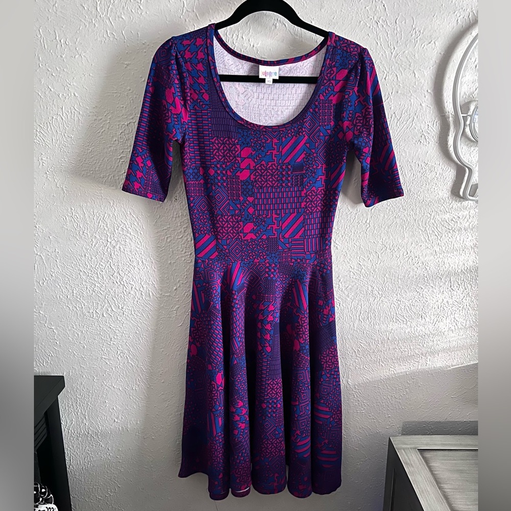 LuLaRoe Nicole Blue and Red/Magenta Geo Print Dress Size XS